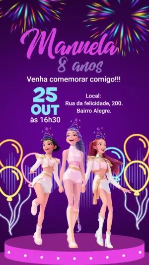 Convite de Aniversário K-Pop com Guerreiras para Editar Online