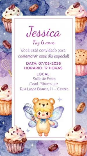 Convite de Aniversário Fada Confeiteira em Aquarela para Editar