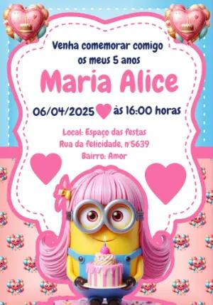 Convite de Aniversário Minions Rosa para Editar Online