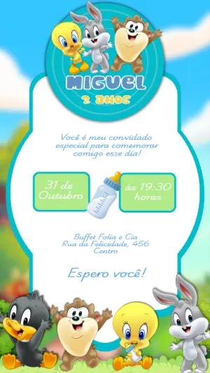 Convite Aniversário Baby Looney Tunes para Editar Online