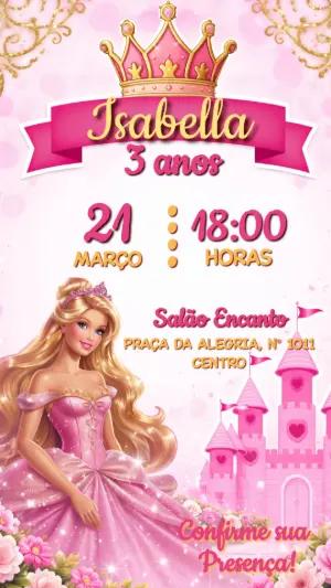 Convite de Aniversário Barbie Princesa Rosa Editável