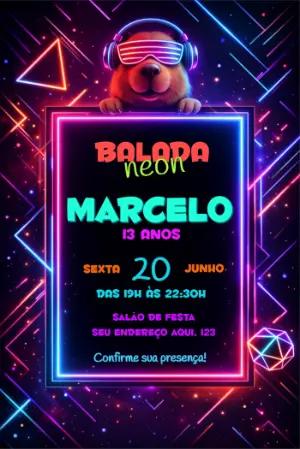 Convite de Aniversário Festa Neon com Capivara Editável