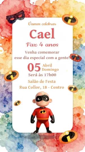 Convite de Aniversário Os Incríveis Aquarela para Editar