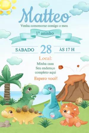 Convite de Aniversário Dino Baby Aquarela para Editar