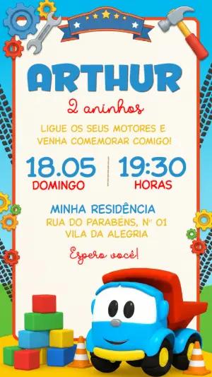 Convite de Aniversário Léo o Caminhão Colorido para Editar