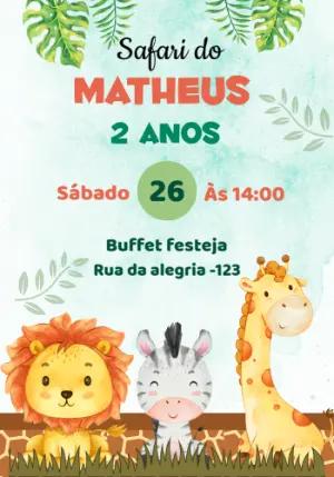 Convite Aniversário Safari com Animais Fofos para Editar Online