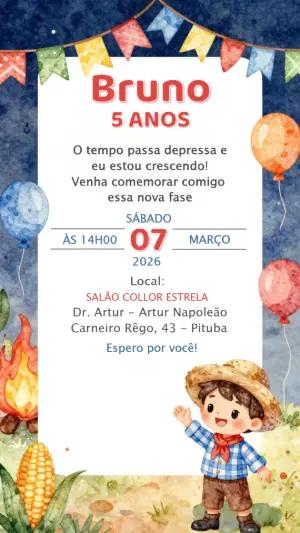 Convite Digital Festa Junina Infantil Aquarela Modelo Editável