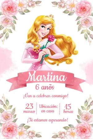 Invitación de Cumpleaños Princesa Aurora Floral para Editar