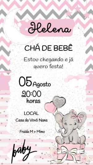 Convite Chá de Bebê Elefantinha Rosa Fofo para Editar