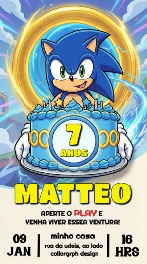 Convite de Aniversário Sonic Azul e Dourado Modelo Editável