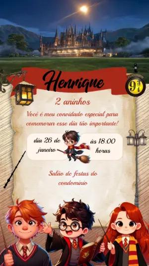 Convite Animado Aniversário Harry Potter Chibi para Editar