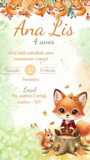 Convite Digital Aniversário Infantil Tema Raposinha Aquarela