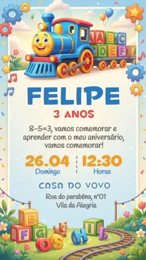 Convite de Aniversário Infantil Trenzinho Educativo Editável