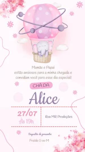 Convite Chá de Fraldas Elefantinha no Balão para Editar