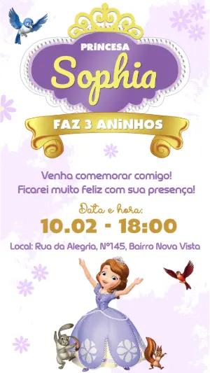 Convite de Aniversário Princesa Sophia Roxo e Dourado para Editar