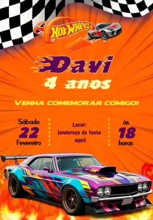 Convite de Aniversário Hot Wheels Carros de Corrida Editável