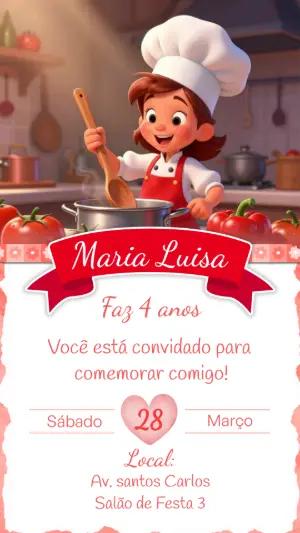 Convite de Aniversário Chef de Cozinha Menina Modelo Editável