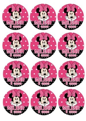 Adesivo Redondo Aniversário Minnie Rosa para Editar Online