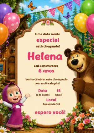 Convite de Aniversário Masha e o Urso Editável
