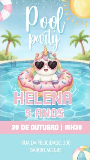Convite de Aniversário Pool Party Unicórnio para Editar