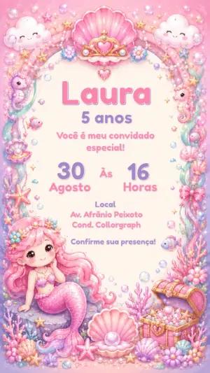 Convite de Aniversário Sereia Fofa em Tons Pastel Editável