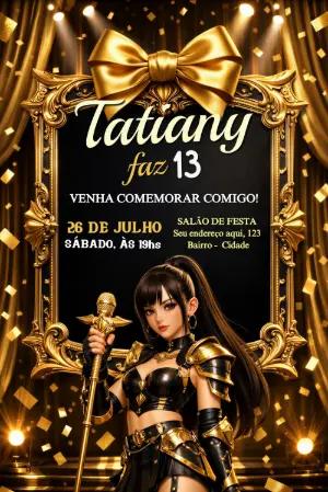 Convite de Aniversário Dourado e Preto Diva Pop Star Editável