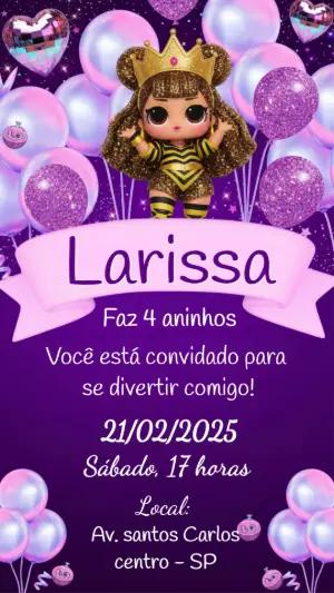 Convite de Aniversário LOL Surprise Roxo e Dourado Editável