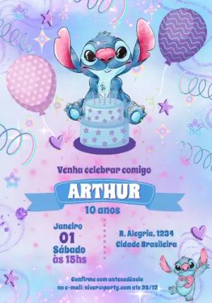 Convite de Aniversário Stitch Fofo Lilás para Editar