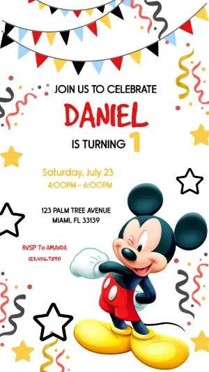 Editable Mickey Mouse 1st Birthday Party Invitation