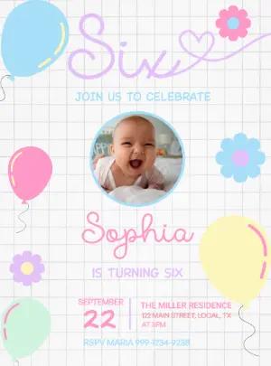 Editable 6th Birthday Invitation with Photo - Pastel Colors Template