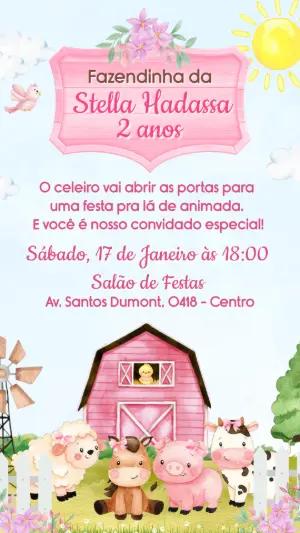Convite de Aniversário Fazendinha Rosa Editável com Animais