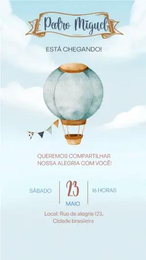 Convite Chá de Bebê Balão de Ar Quente Aquarela Editável