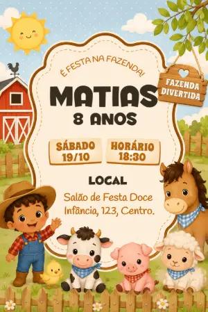 Convite de Aniversário Fazendinha dos Bichos para Editar