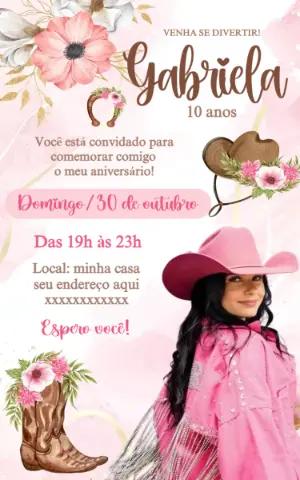 Convite Aniversário Boiadeira Country com Foto para Editar