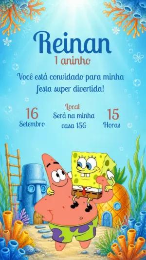 Convite de Aniversário Bob Esponja: Modelo Digital Editável