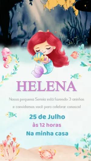 Convite Animado Aniversário Pequena Sereia para Editar Online