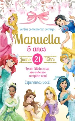 Convite de Aniversário Princesas Disney Aquarela para Editar