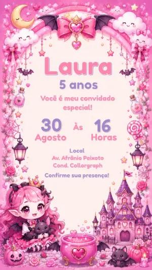 Convite Aniversário Vampira Fofa Rosa para Editar