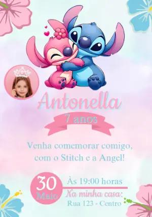 Convite Aniversário Stitch e Angel com Foto para Editar