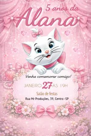 Convite de Aniversário Gata Marie Rosa Delicado para Editar