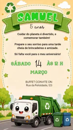Convite de Aniversário Caminhão de Lixo Editável para Menino