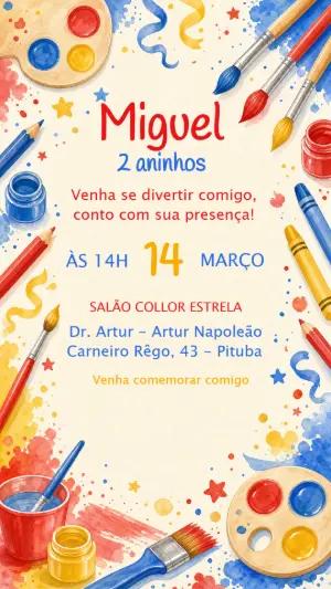 Convite de Aniversário Pintura Aquarela Colorido para Editar