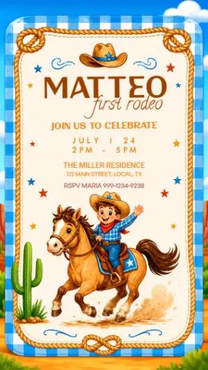 Editable Cowboy 'First Rodeo' Birthday Invitation Template