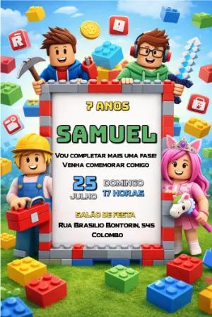 Convite de Aniversário Infantil Blocos e Games para Editar