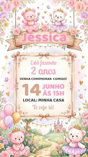Convite de Aniversário Ursinha Princesa Rosa Editável