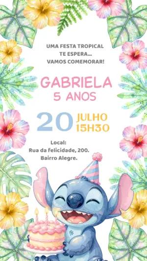 Convite de Aniversário Stitch Tropical Aquarela para Editar