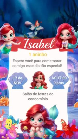 Convite Animado Pequena Sereia para Aniversário Infantil Editável