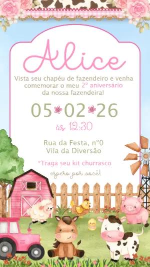 Convite Fazendinha Rosa Aniversário Infantil Editável