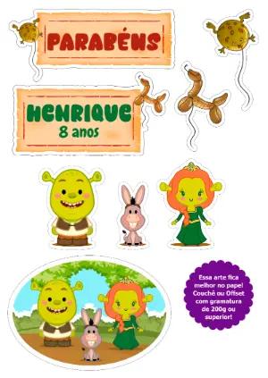Topo de Bolo Aniversário Shrek com Personagens para Editar