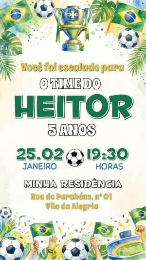 Convite de Aniversário Futebol Brasil Aquarela Editável